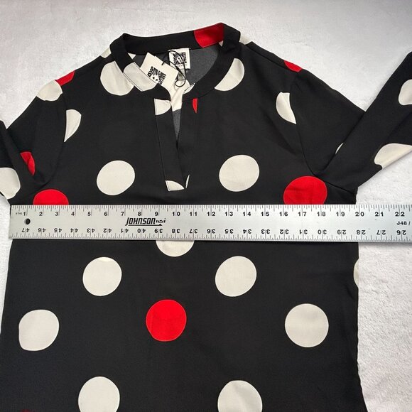 Anne Klein Womens Dot-Print Split-Neck Blouse Top Medium Black/Poppy Combo New - Picture 6 of 8